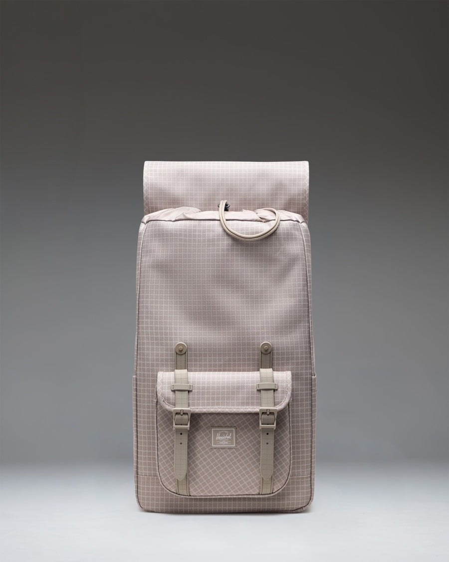 Herschel Little America Backpack in Grid - London Fog, featuring a classic design with front straps and a pocket.
