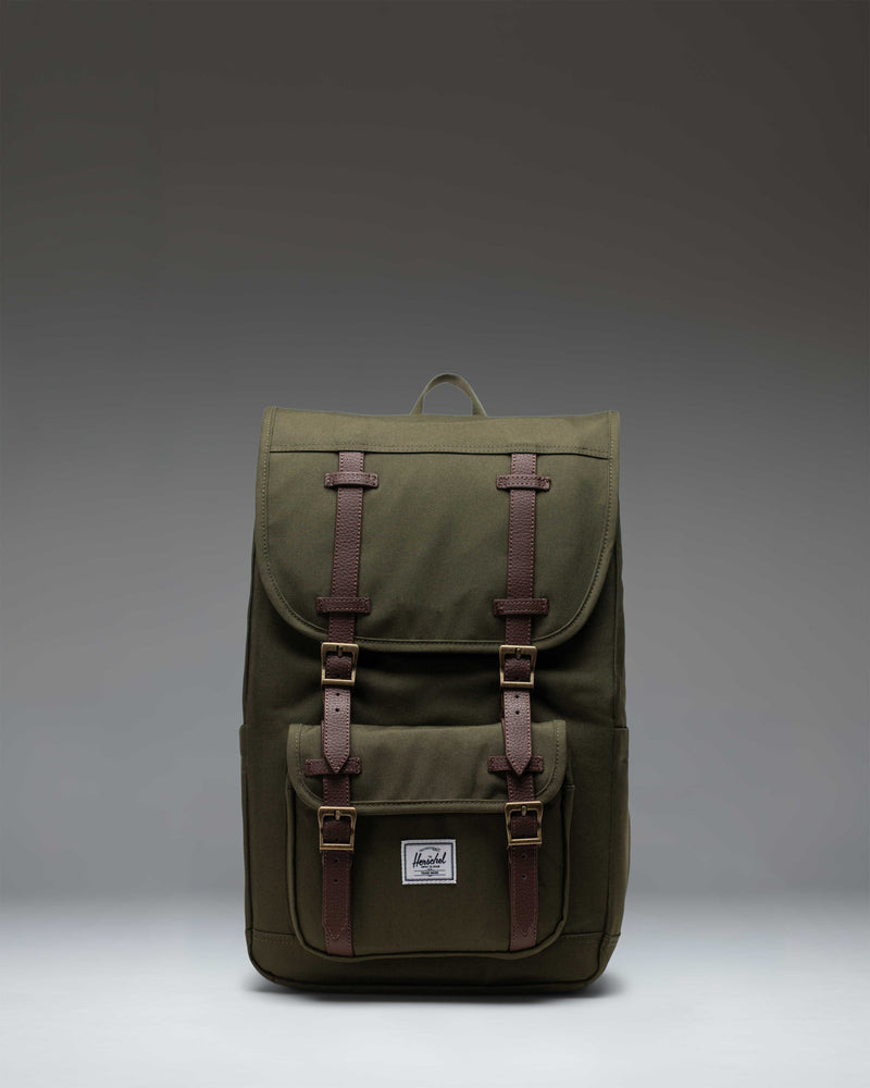Front view of the Herschel Little America Mid Backpack in Ivy Green, featuring a clean design with classic double straps.