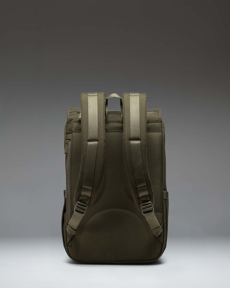 Herschel Little America Mid Backpack in Ivy Green featuring a classic mountaineering style with dual front straps and a front storage pocket.