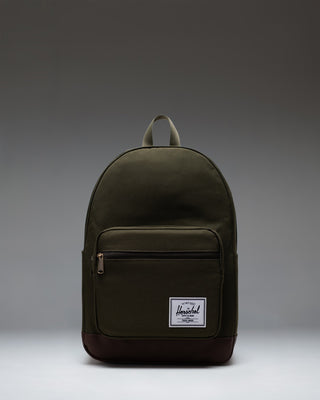 Herschel Supply Co. Pop Quiz Backpack in Ivy Green and Chicory Coffee, front view showing the main compartment and front zippered pockets.