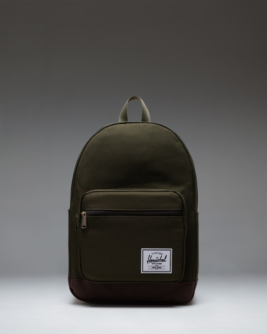 Herschel Supply Co. Pop Quiz Backpack in Ivy Green and Chicory Coffee, front view showing the main compartment and front zippered pockets.
