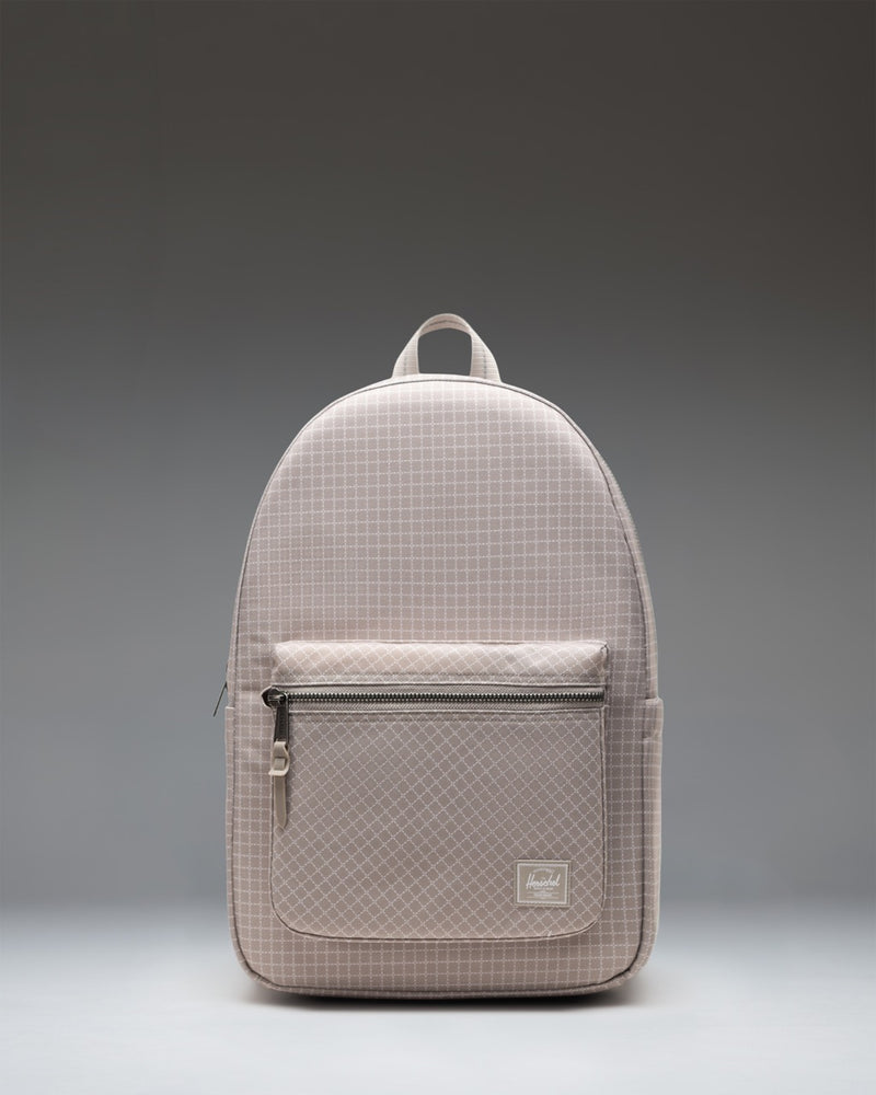 Herschel Supply Co Settlement Backpack in Grid - London Fog, showing the classic zippered backpack design with front pocket view.