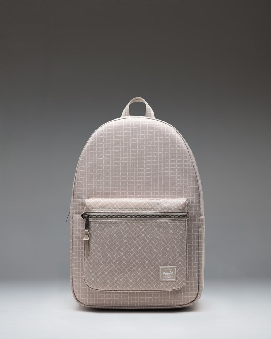 Herschel Supply Co Settlement Backpack in Grid - London Fog, showing the classic zippered backpack design with front pocket view.