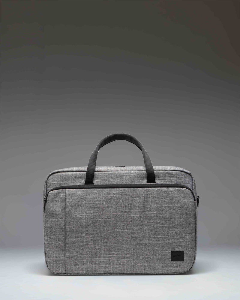 Herschel Supply Co. Bowen Convertible Travel Duffle Tech bag in Raven Crosshatch grey fabric, showcasing a clean, modern structured silhouette.