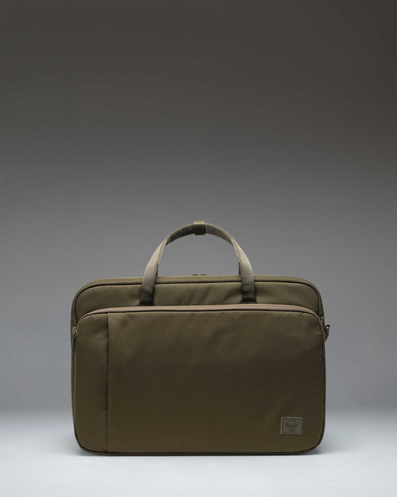 Herschel Supply Co. Bowen Convertible Travel Duffle Tech in Ivy Green Tonal, showing the front view with straps and handles.