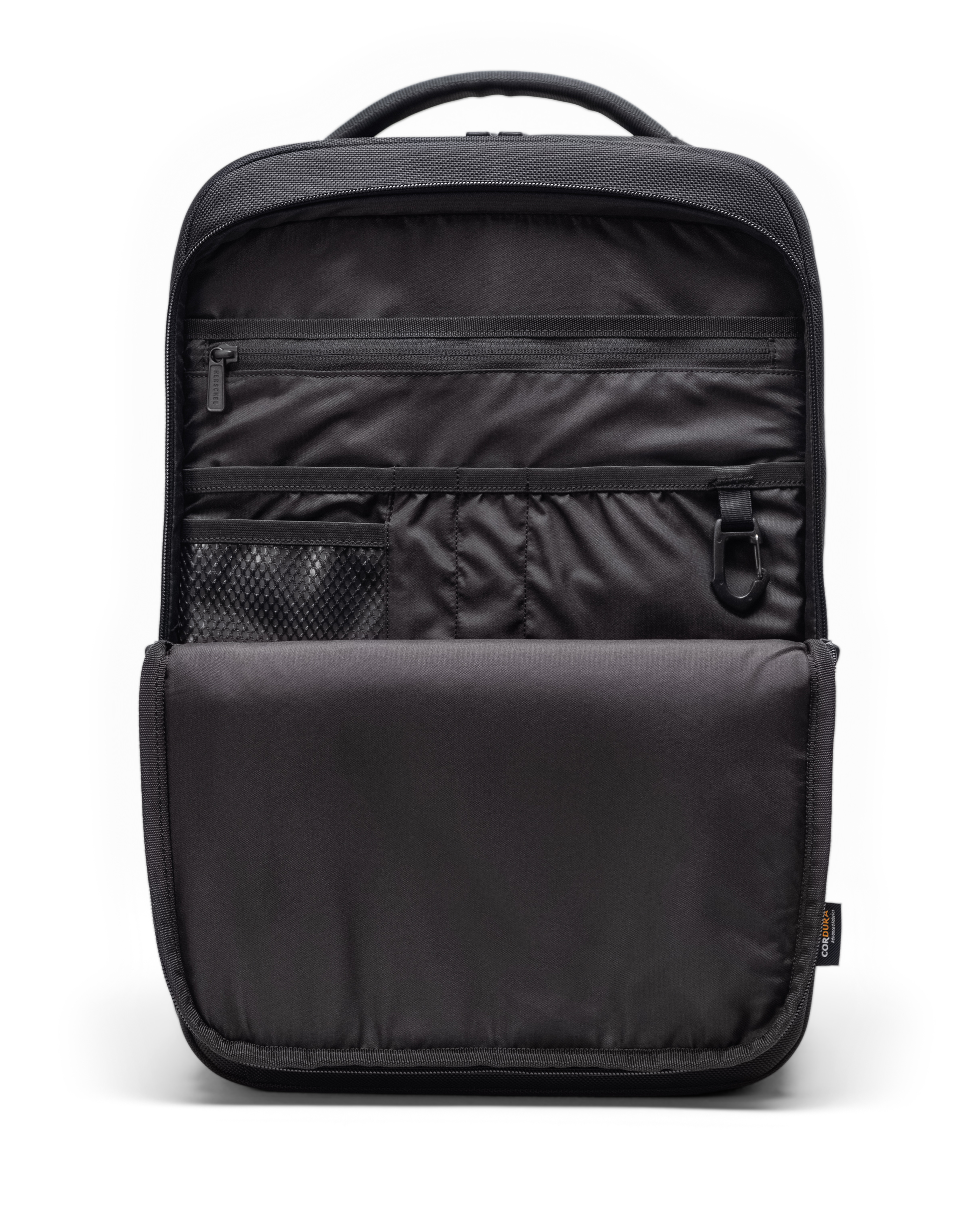 Herschel Supply Co. Kaslo Backpack Tech Cordura featuring a diagram highlighting its organizational pockets and storage features.