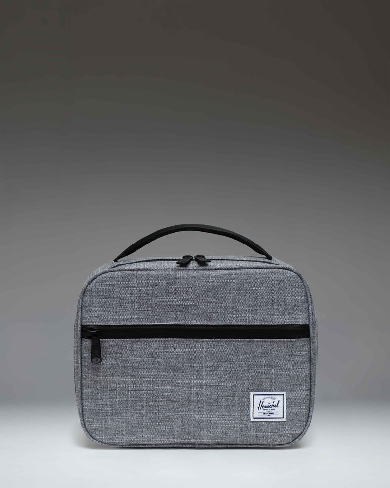 Herschel Supply Co. Pop Quiz Lunch Box in Raven Crosshatch, a gray heathered insulated lunch bag with a convenient front pocket.