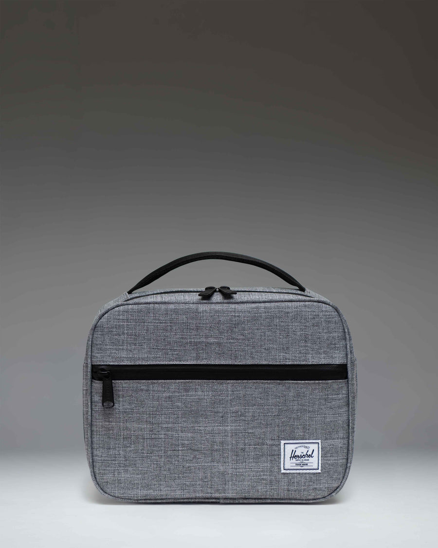 Herschel Supply Co. Pop Quiz Lunch Box in Raven Crosshatch, a gray heathered insulated lunch bag with a convenient front pocket.