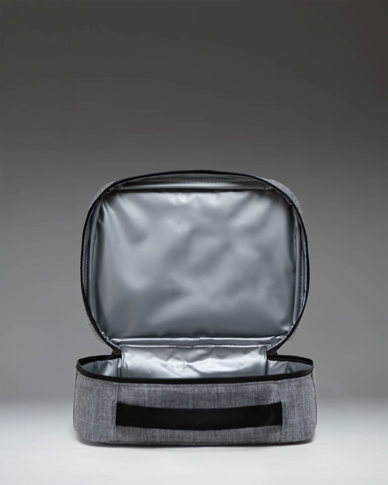 Herschel Supply Co. Pop Quiz Lunch Box in Raven Crosshatch grey, showing the product design and features.