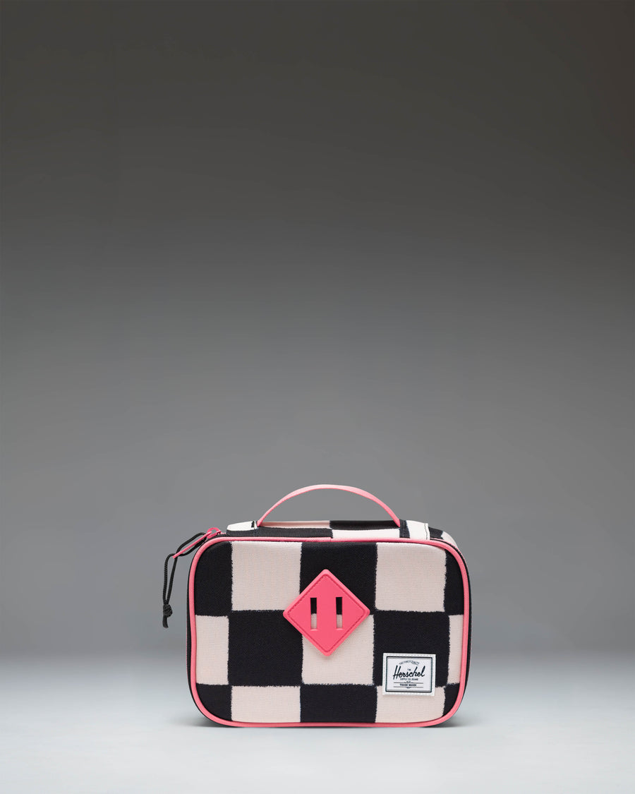 Herschel Heritage Pencil Case Little Herschel in Check This Confetti, showing the side view and classic woven label.
