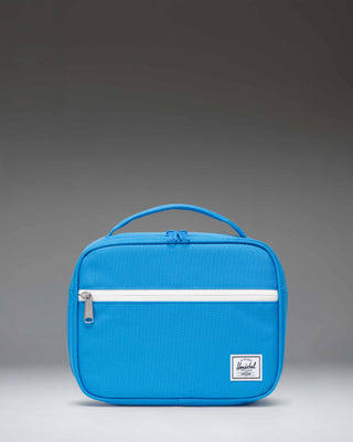 Little Herschel Pop Quiz Lunch Box in French Blue, featuring a clean rectangular design with a front zippered pocket and a top carrying handle.