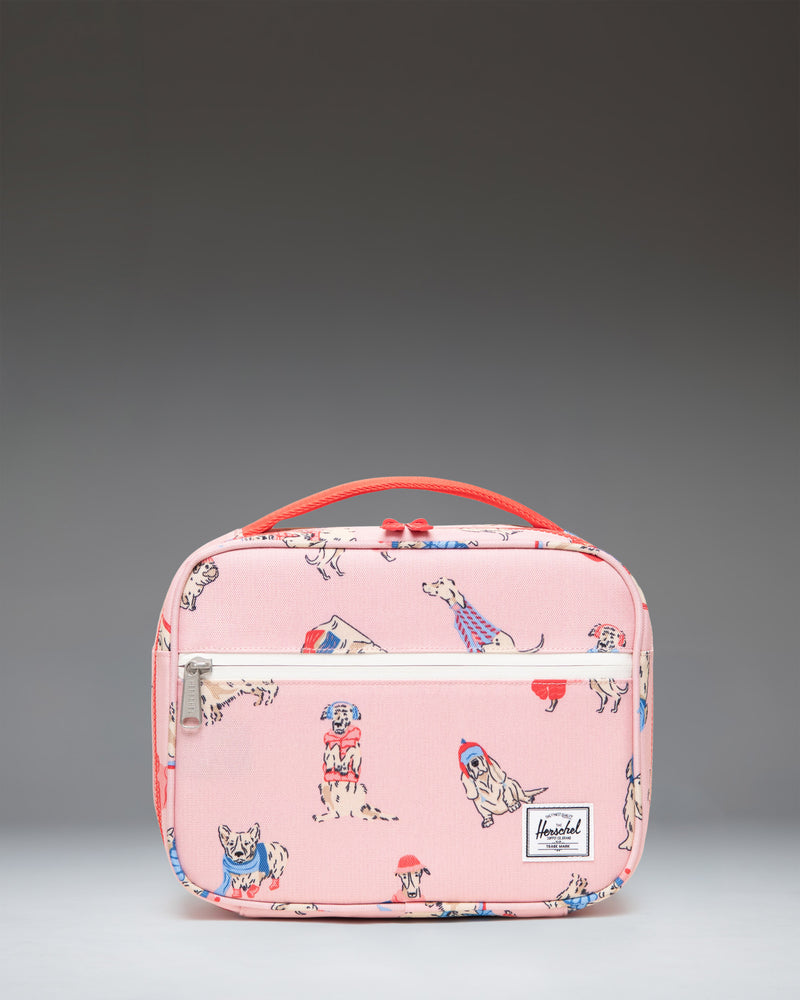 Little Herschel Pop Quiz Lunch Box in the Fashion Dogs print, featuring a playful pattern of various illustrated dogs on a light background.