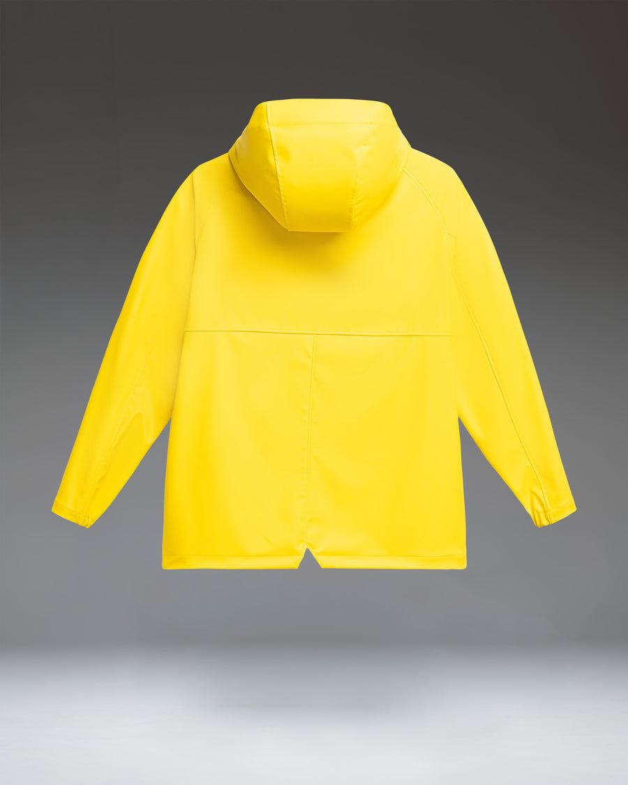 Herschel Supply Co. women's Classic Rain Jacket in bright Cyber Yellow, featuring a waterproof design with a hood and front pockets.