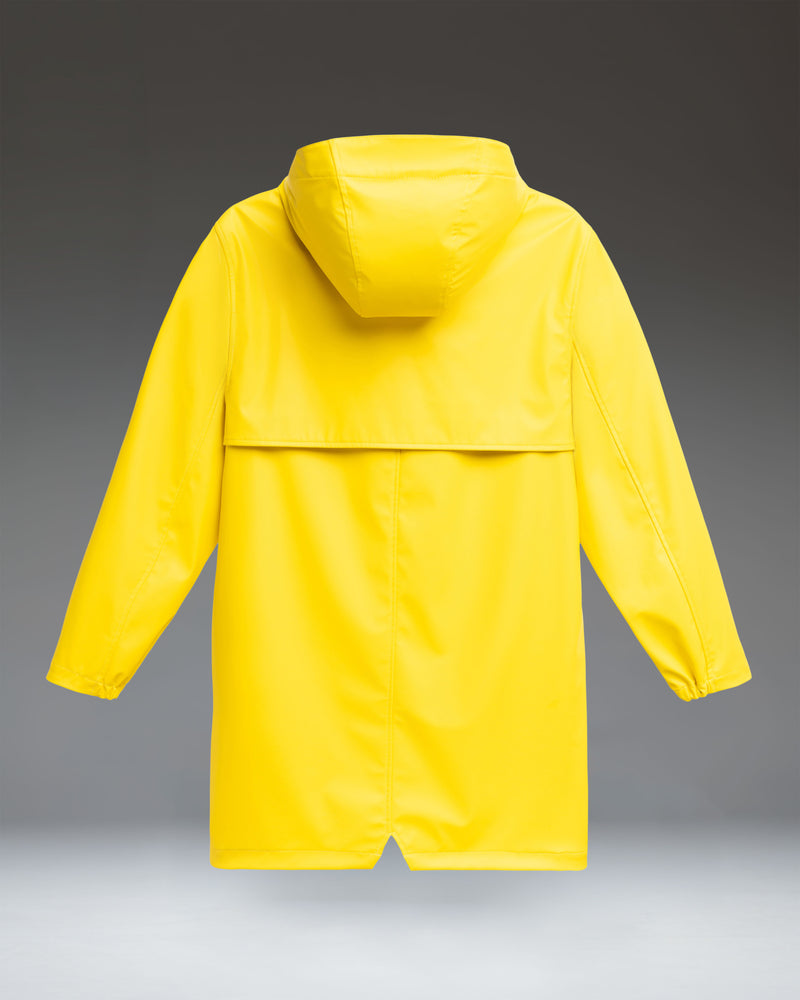 Herschel Supply Co. women's Long Classic Rain Jacket in vibrant Cyber Yellow, featuring a clean, waterproof design with a hood and snap closures.