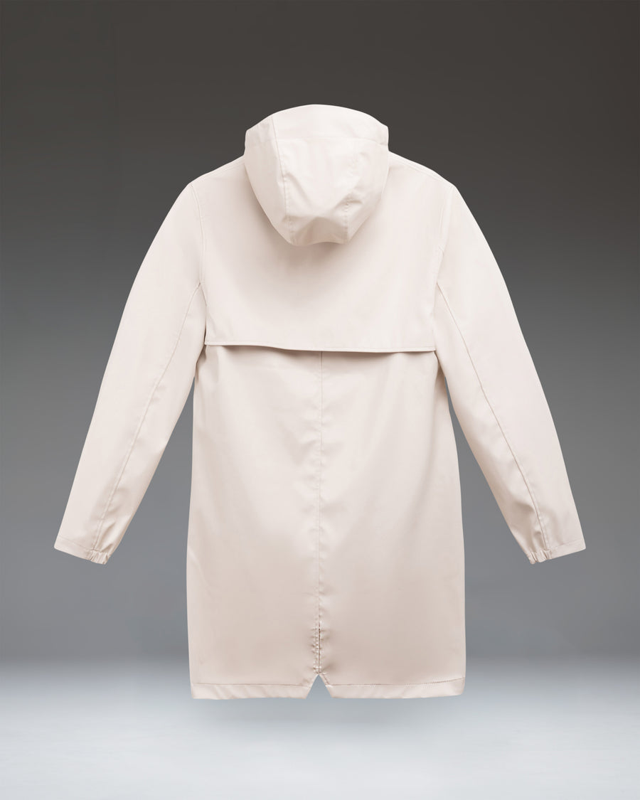 Herschel Supply Co. Women's Long Classic Rain Jacket size guide chart in Moonbeam, showing measurement details for all available sizes.