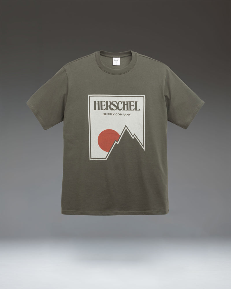 Herschel Supply Co. Suncrest Tee Men's in Beetle green, a timeless graphic t-shirt featuring a vintage ski poster-inspired suncrest print.