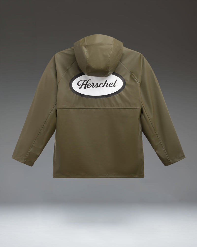 Herschel Supply Co. Station Rain Jacket for men in Ivy Green, featuring a lightweight, water-resistant design with a hood and snap button closure.