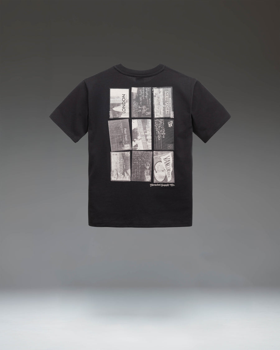 Herschel Supply Co. women's Postcard Tee in black, featuring a nostalgic vintage postcard graphic and classic crew neck fit.