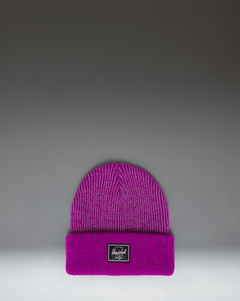 Herschel Supply Co. Elmer Reflective Ribbed Kids Beanie in Clover Reflective green, featuring a folded cuff with a classic logo patch.