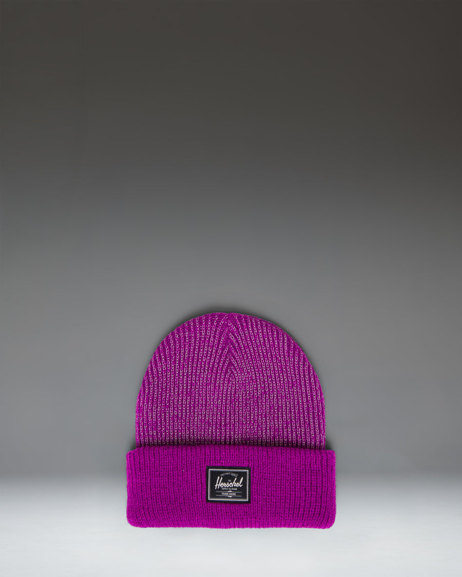 Herschel Supply Co. Elmer Reflective Ribbed Kids Beanie in Clover Reflective green, featuring a folded cuff with a classic logo patch.