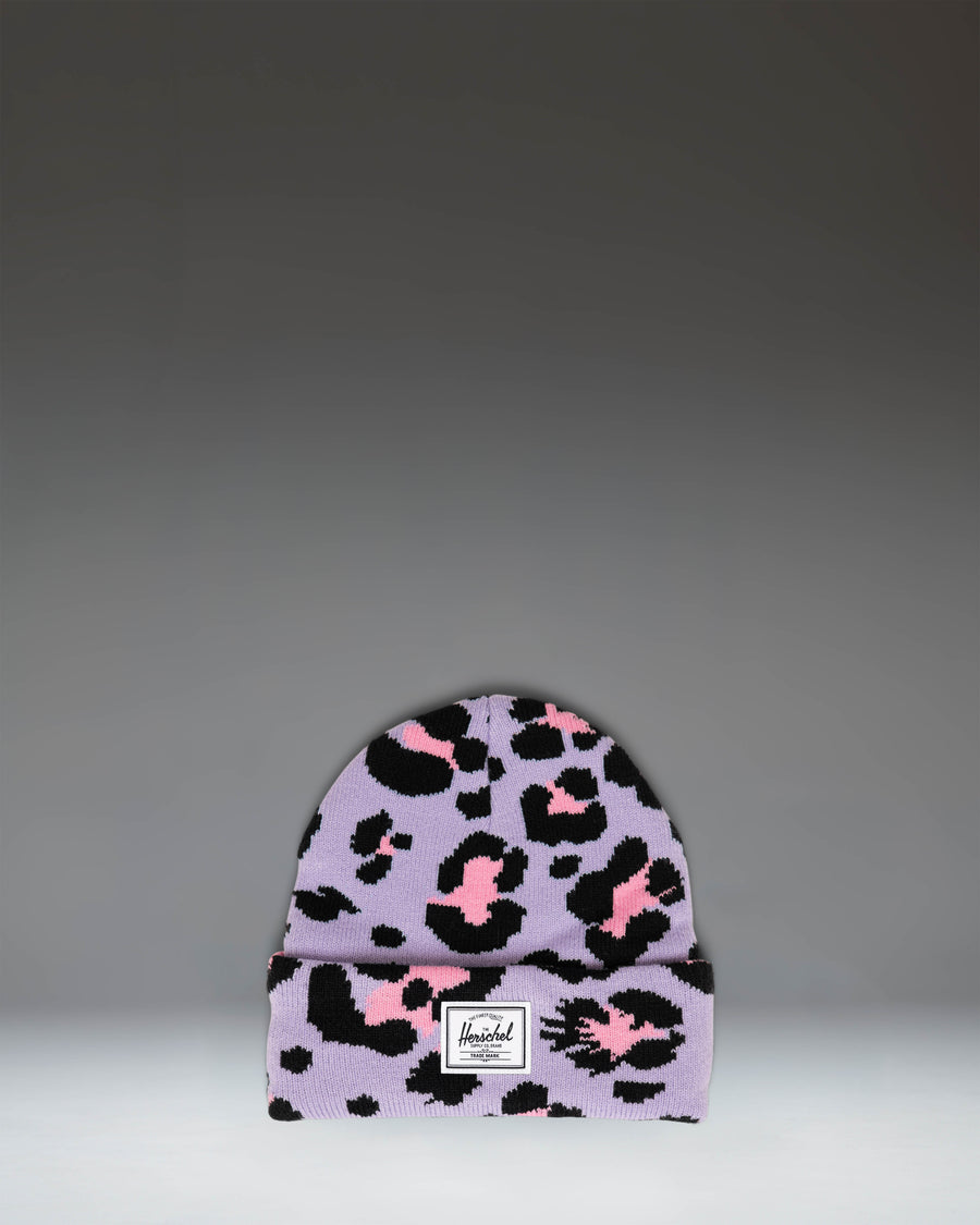 Herschel Supply Co. Elmer Kids Graphic Beanie in Scribble Leopard Sachet Pink, featuring a pink knit with a black and gray leopard print.