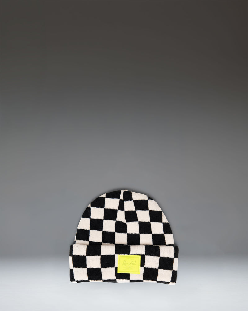 Herschel Supply Co. Elmer Toddler Graphic Beanie for ages 1-3 years in a black and white checkerboard pattern.