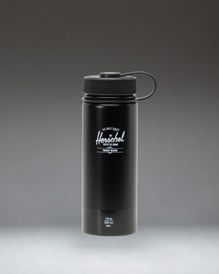 Herschel Supply Co. matte black insulated 18oz water bottle with a gloss finish logo band.