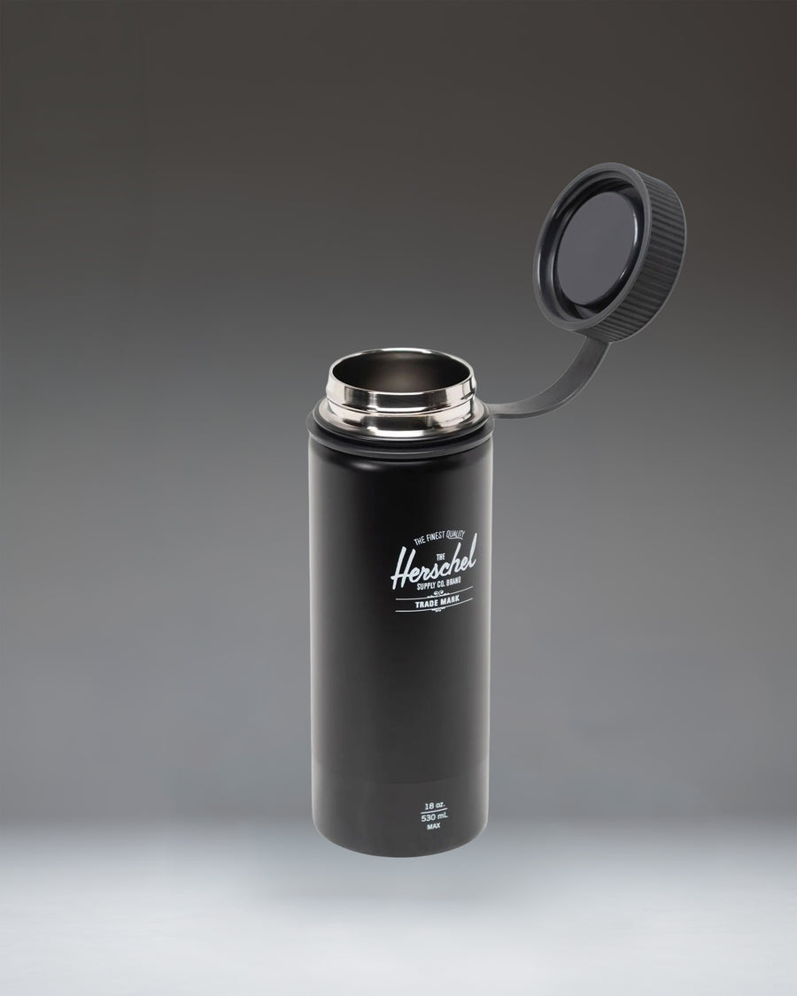 Herschel Supply Co. 18oz insulated water bottle in glossy black, featuring a sleek design with a secure screw-top lid.