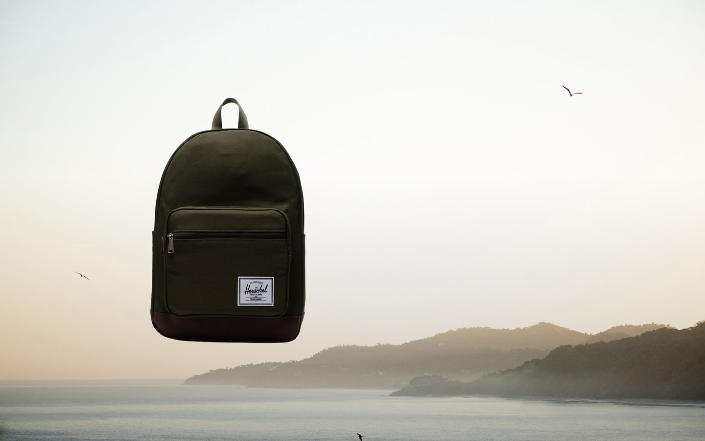 Herschel Supply Co. Pop Quiz Backpack in Ivy Green and Chicory Coffee brown, shown in a front view hero shot.
