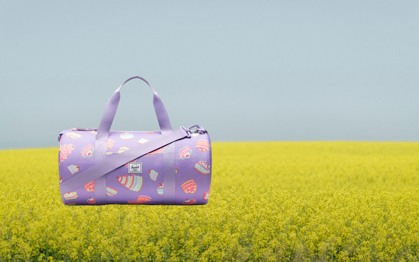 Herschel Classic Duffle Little Herschel in Cakes colorway, showing the front view of the bag on a desktop background.