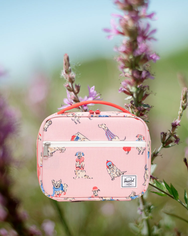 Herschel Supply Co. Pop Quiz Lunch Box in Fashion Dogs, featuring a playful dog pattern against a light background.