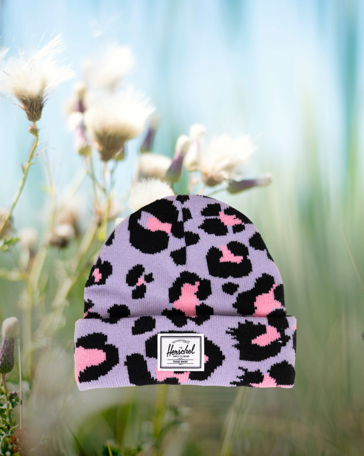 Herschel Supply Co Elmer Toddler Graphic Beanie 1-3 Years in Scribble Leopard Sachet Pink, featuring a knit design with a fold-over cuff.