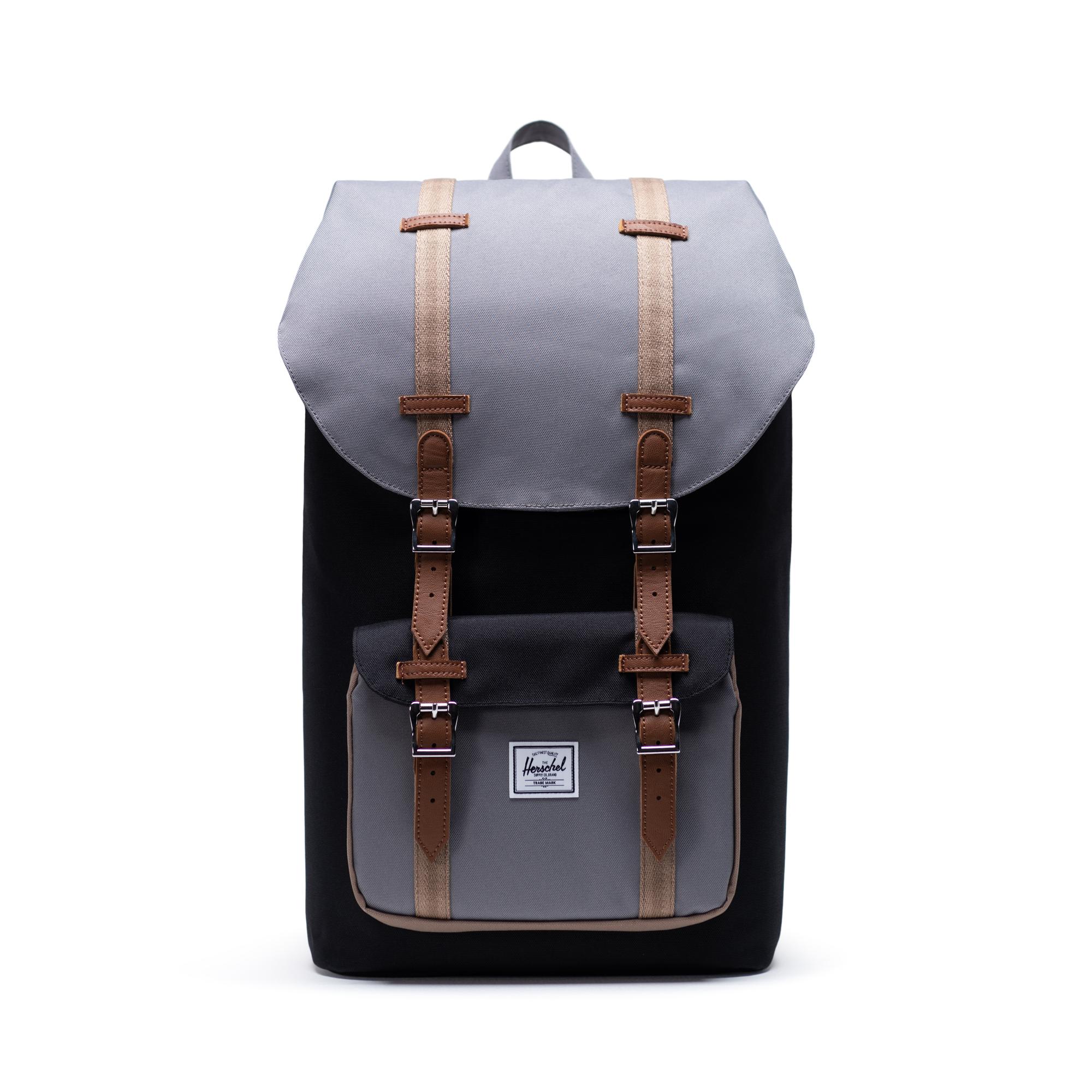 HERSCHEL LITTLE AMERICA BLACK TAN SYNTHETIC LEATHER BACKPACK BACK PACKS BAG