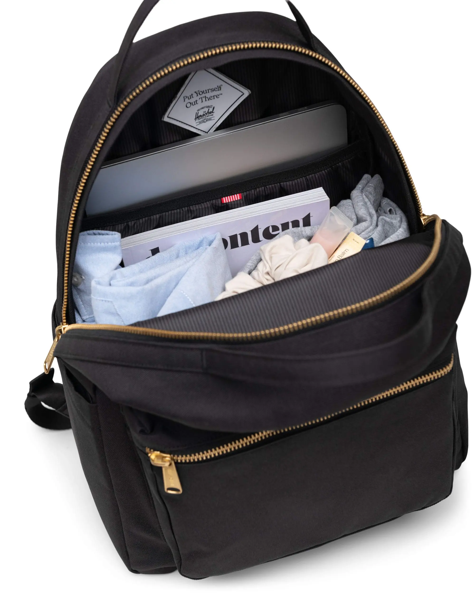 Herschel black backpack with gold zipper clearance