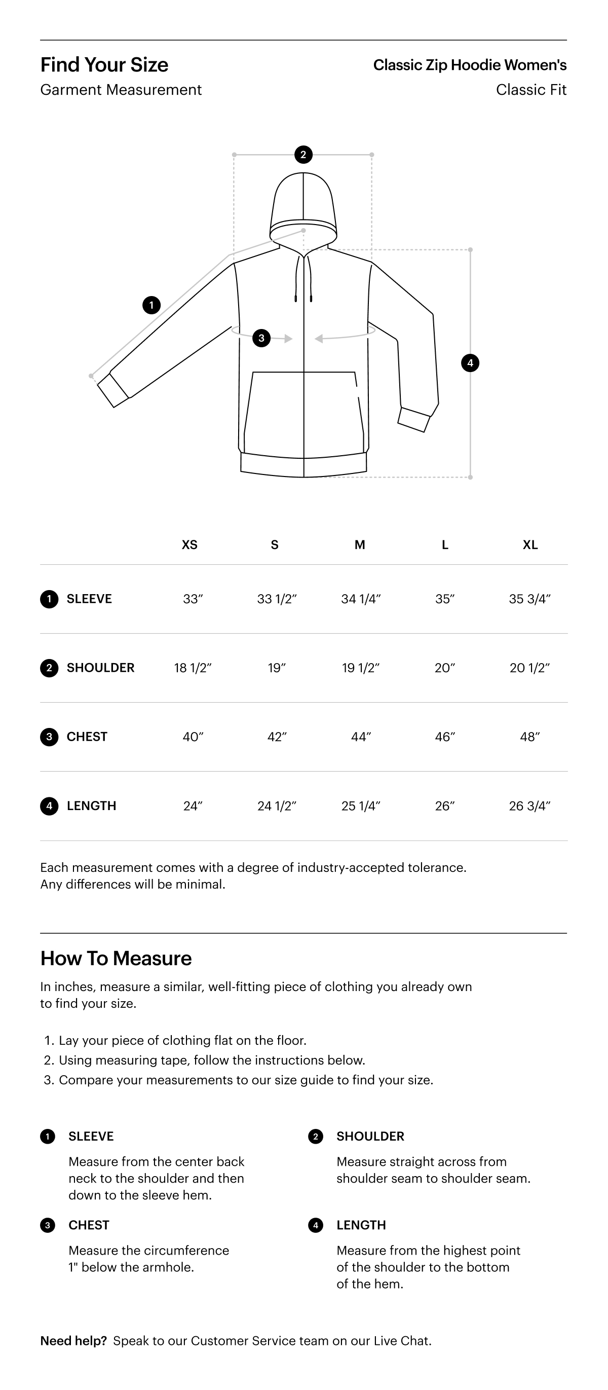 A size guide for the Classic Zip Hoodie Women's