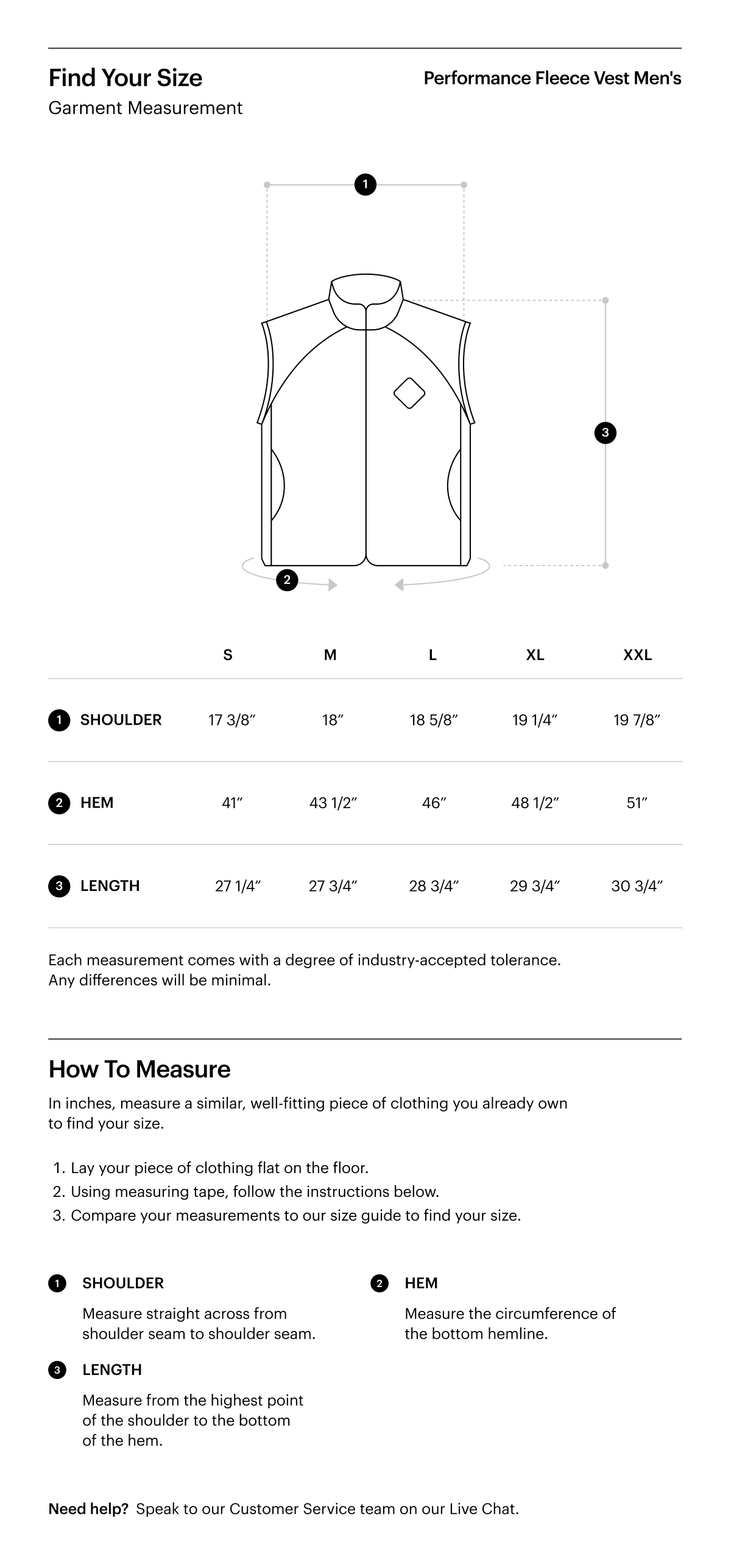A size guide for the Performance Fleece Vest Men's